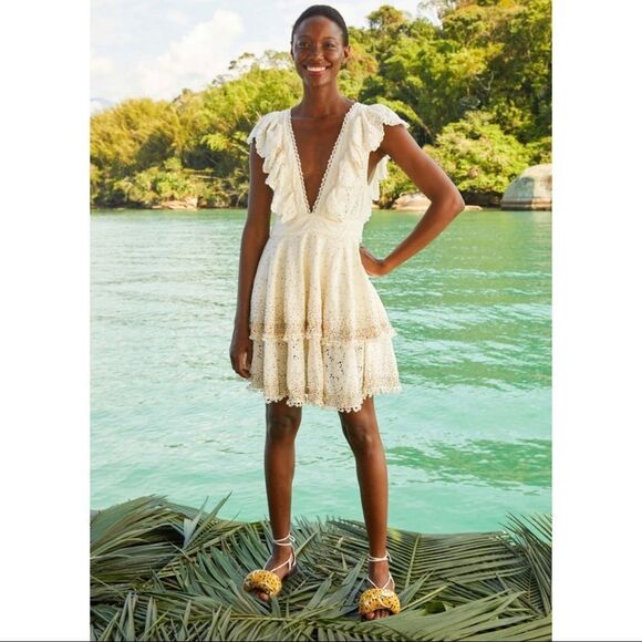 Farm Rio White Eyelet Beaded Ruffle Mini Dress NWOT XS - Picture 10 of 11